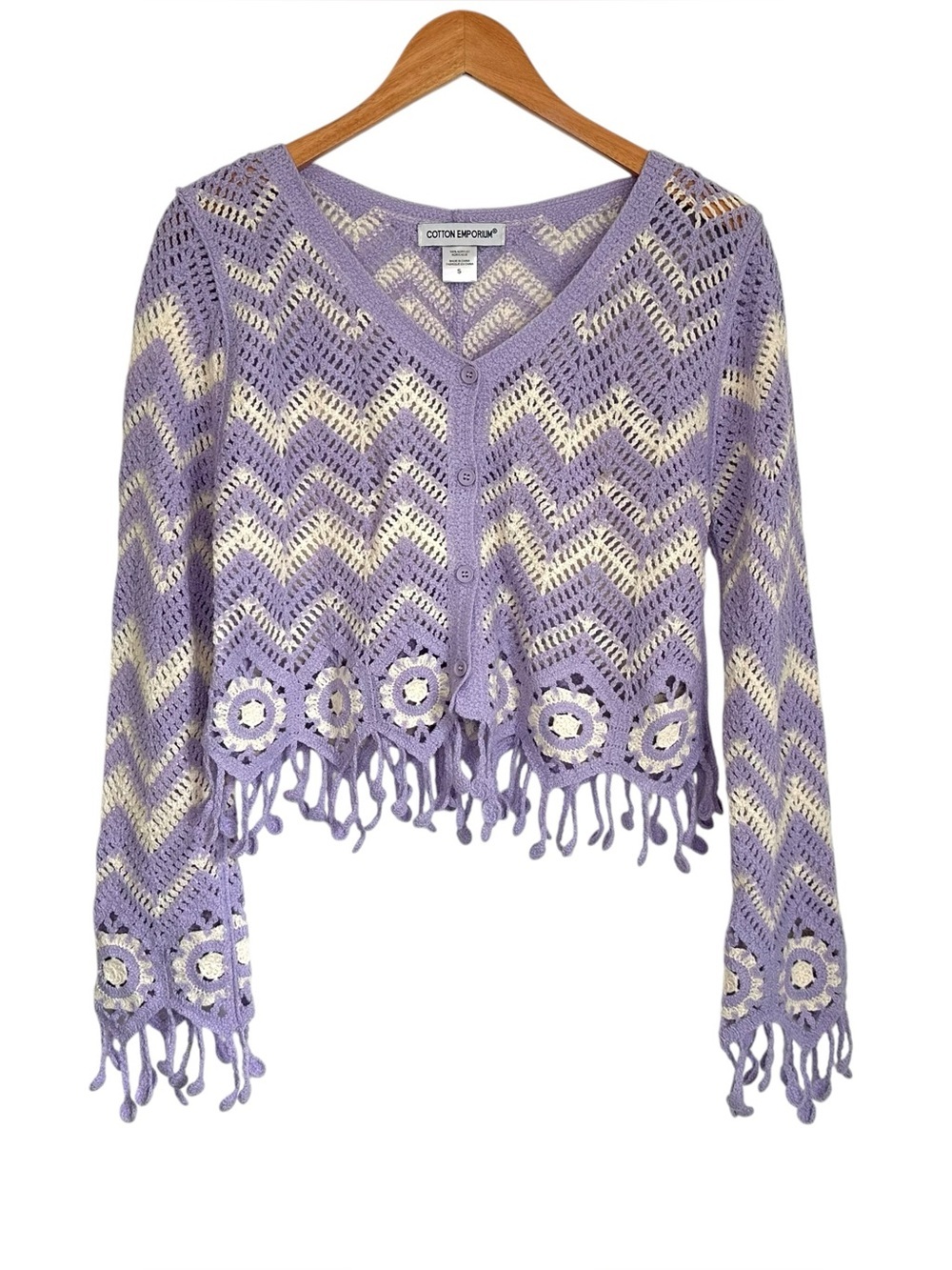 Cotton Emporium Crochet Button Front fringe Cardigan Sz Small Lavender boho